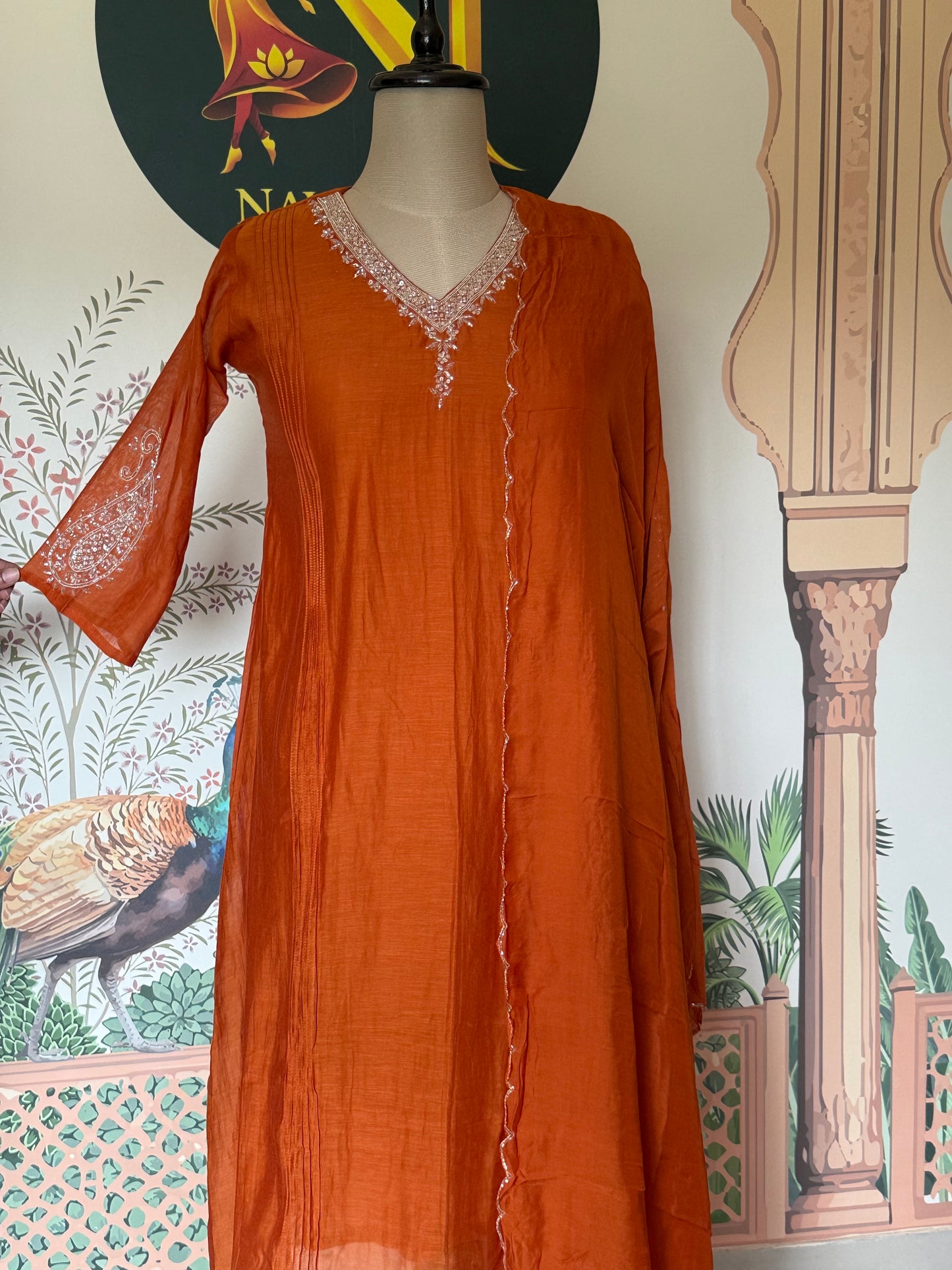 Rust Orange Mul Chanderi Hand Work