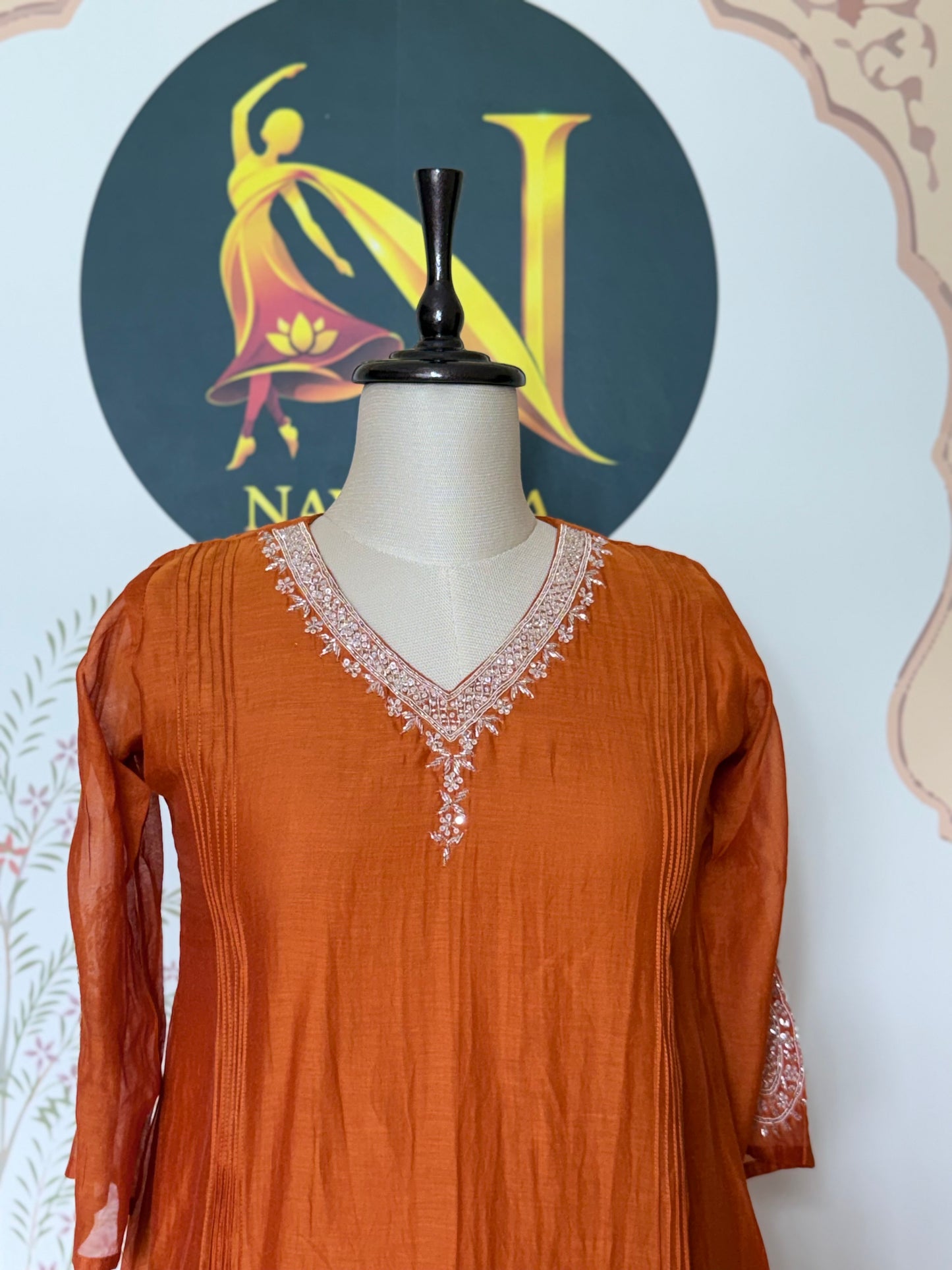 Rust Orange Mul Chanderi Hand Work