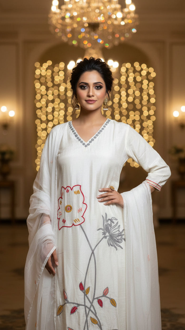 Dola Silk White Salwar Suit with Organza Dupatta