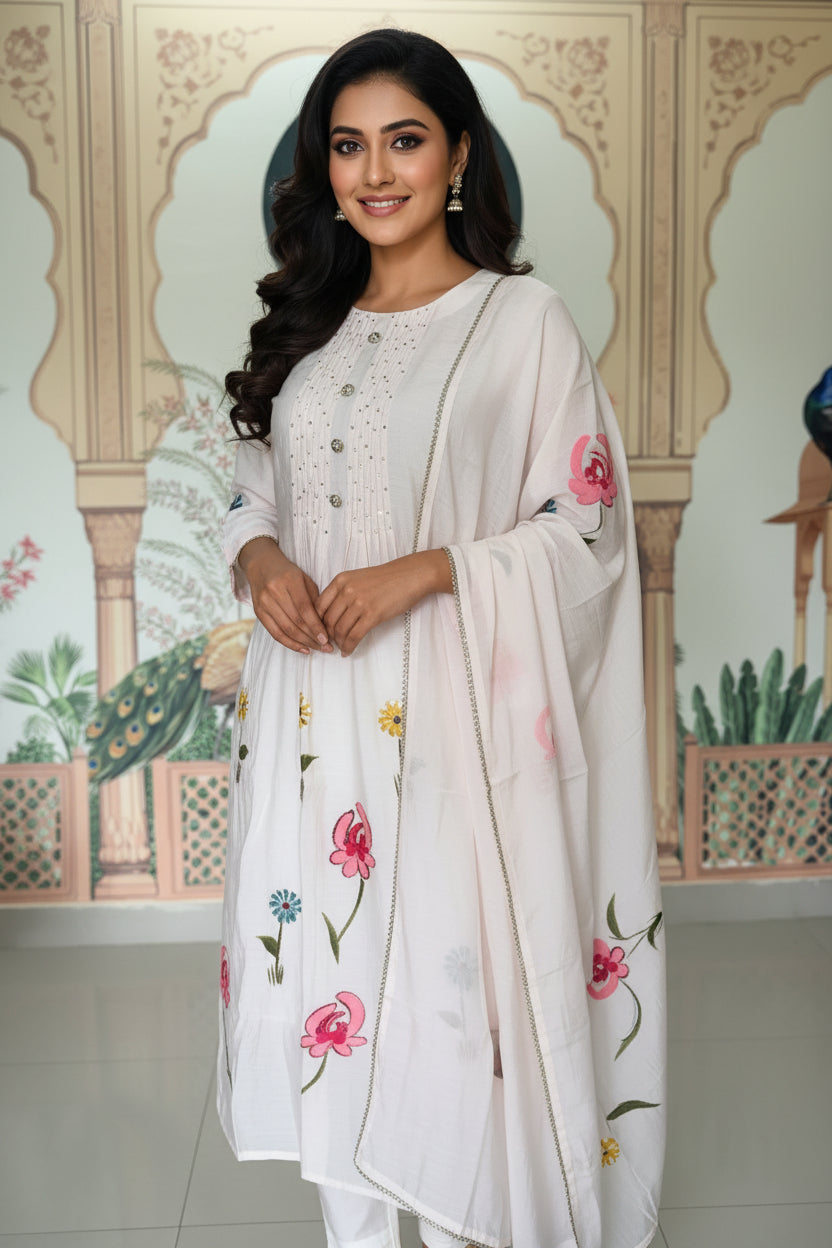 Mul Chanderi Peach Kurta Set