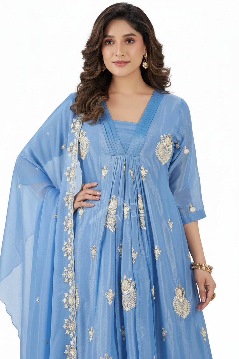 Pastel Blue Chinon Salwar Suit Set