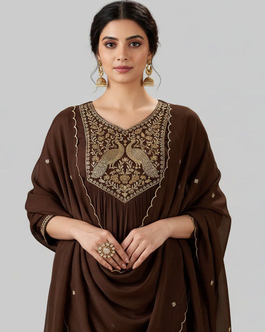Chocolate Brown Mul Chanderi Salwar Suit