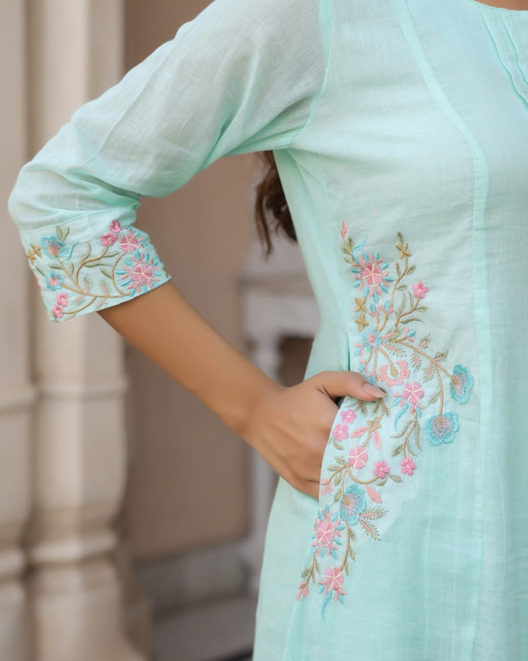 Pastel Blue Mul Cotton Kurta Set with Floral Embroidery on Sleeves and Sides