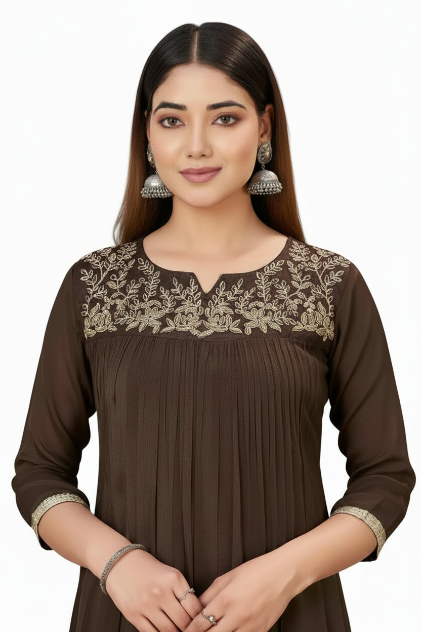 Chocolate Brown Chinon 3-Piece Salwar Suit